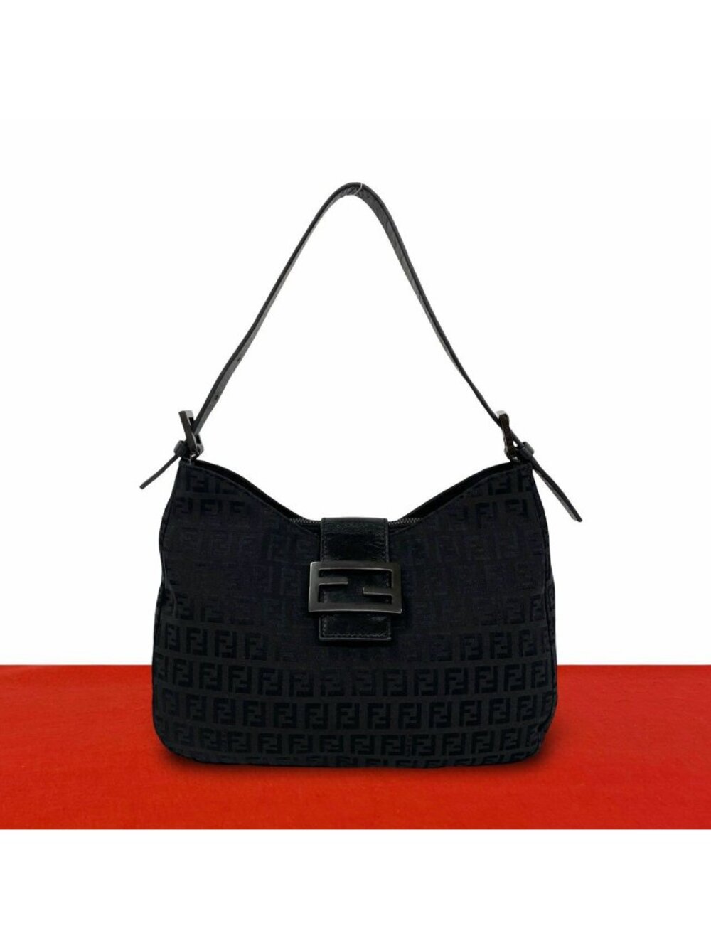 Fendi Vintage Zucchino Pattern FF Logo Canvas Leather Semi Bag Black